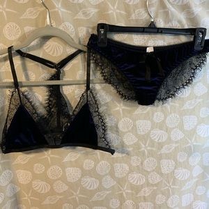 Blue velvet bra with matching bikini underwear